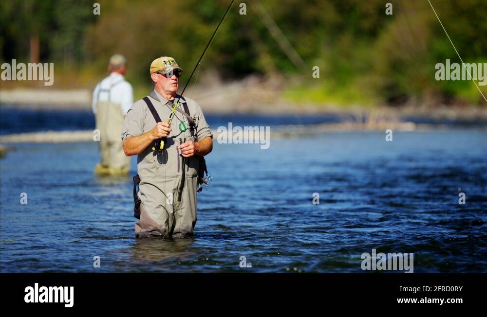 American fisherman wading in Wilderness river fly fishing USA Stock