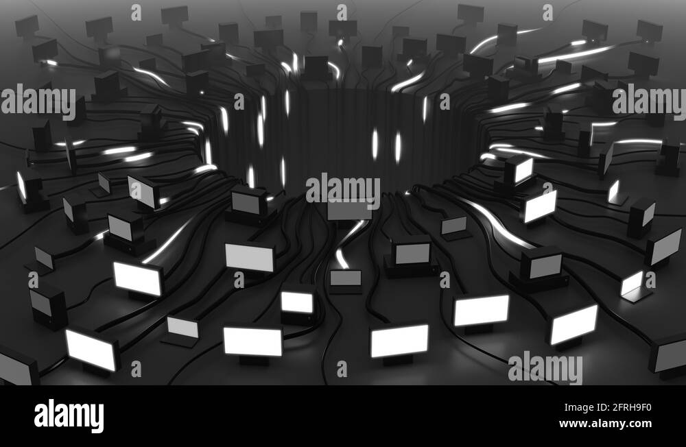 Flashing screens and moving signals. Information distribution concept ...