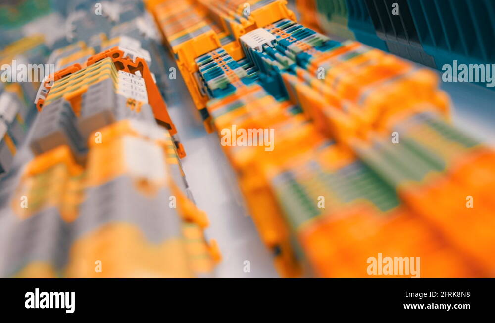 Electrical Terminals Rows Rows of plastic electrical terminals for connection of wires of ...