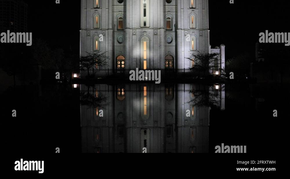 LDS Temple night Church Utah reflection pool DCI 4K Stock Video Footage