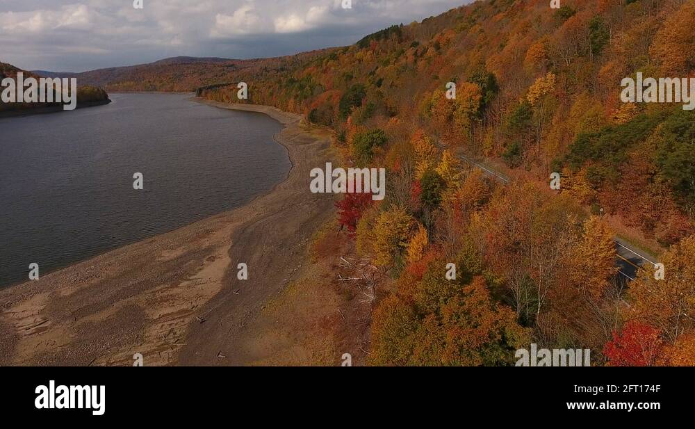 Pepacton Reservoir Andes New York Fall Foliage beach flyover Stock Video Footage Alamy