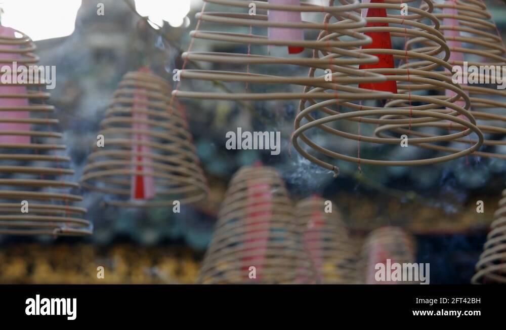 MS LA Burning incense coils outside temple / Singapore Stock Video