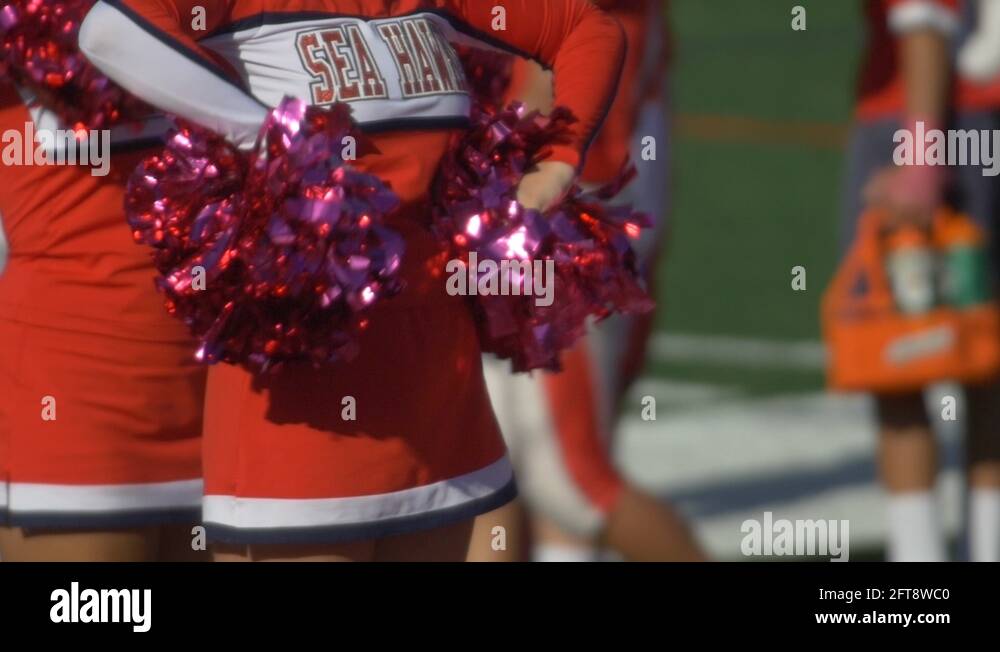 Detail of high school cheerleaders cheering with their pompoms at a