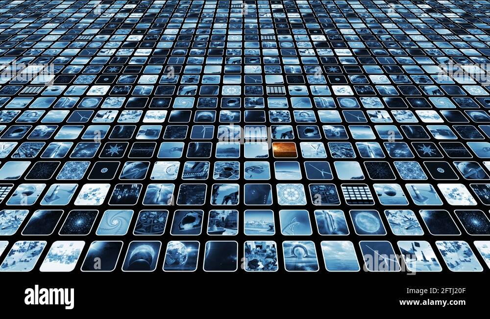 Animated video wall with many media icons blue and sepia elements, loop