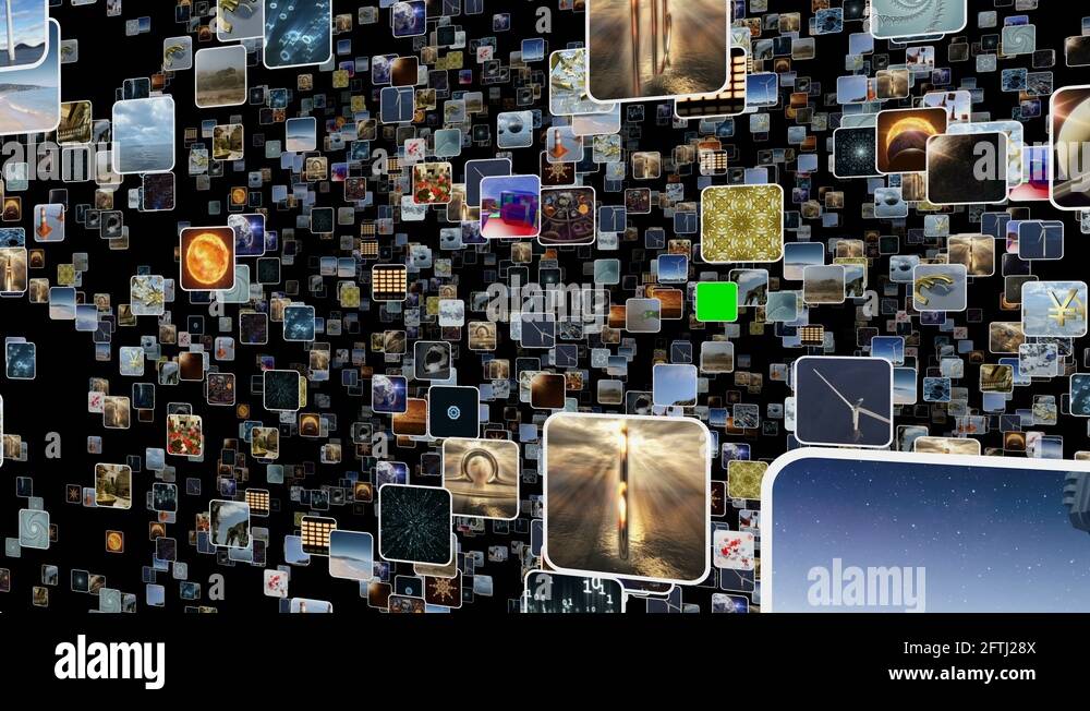 Animated video wall with many small icons popping up with green screen