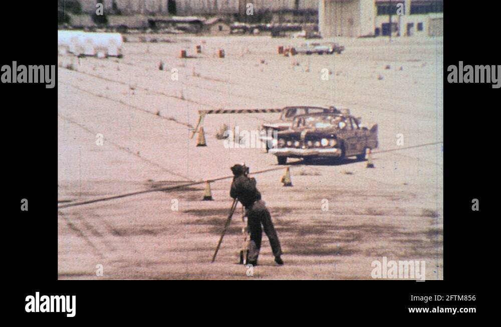 1960s Test cars crash. Crash test dummies and dolls midst car