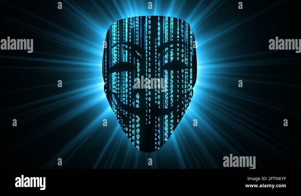 Anonymous Hackers Guy Fawkes mask matrix code lines running Blue Stock
