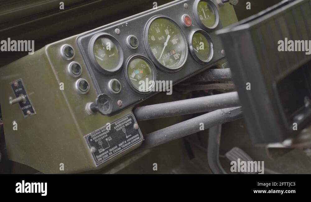 Old military vehicle steering wheel and dashboard Stock Videos