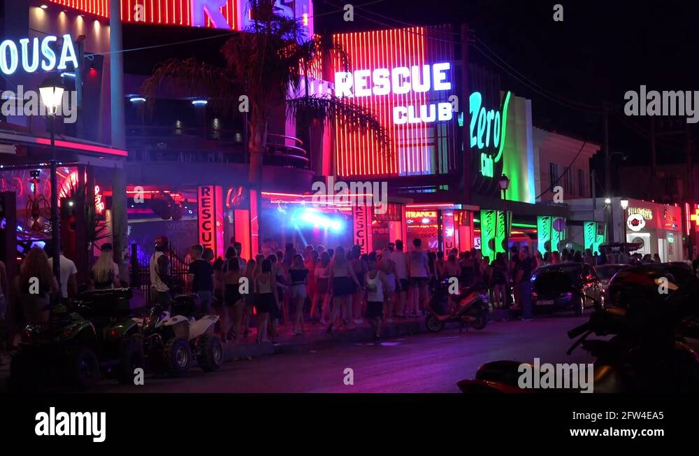 4K Night party in Laganas disco clubs tourist people recreation in