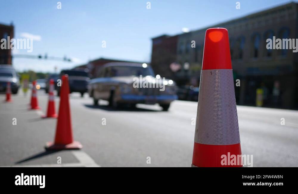 Construction cones blocking a parking spot in small american town Stock