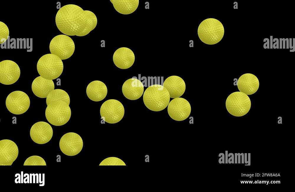 Animated flying from left to right yellow golf balls in slow motion