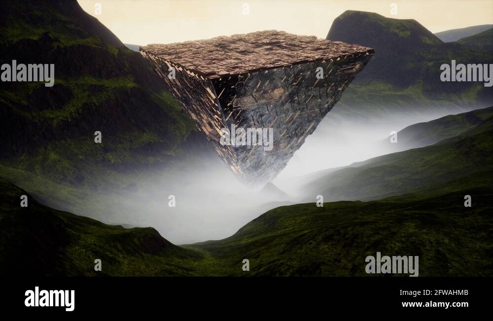 4K Reflective Sci-Fi Upside Down Pyramid in Foggy Valley Cinematic 3D ...