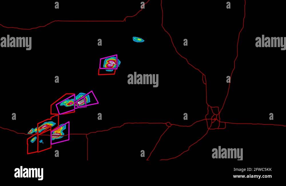 Severe thunderstorms with tornado warnings on Kansas weather radar screen Stock Video Footage