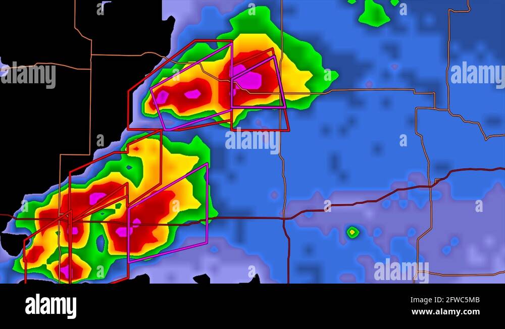 Severe thunderstorms with tornado warnings on Kansas weather radar screen Stock Video Footage