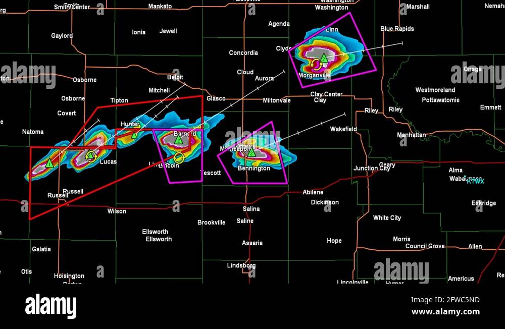 Severe Thunderstorms With Tornado Warnings On Kansas Weather Radar