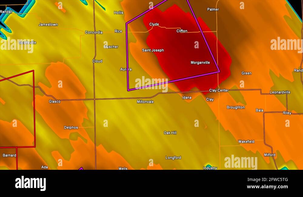 Severe thunderstorms with tornado warnings on Kansas weather radar