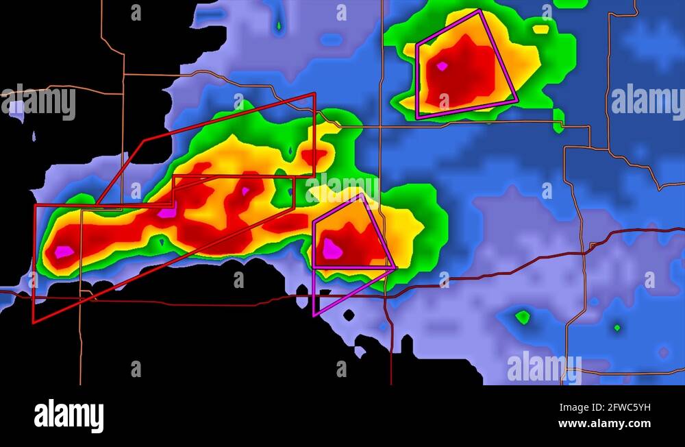 Severe thunderstorms with tornado warnings on Kansas weather radar