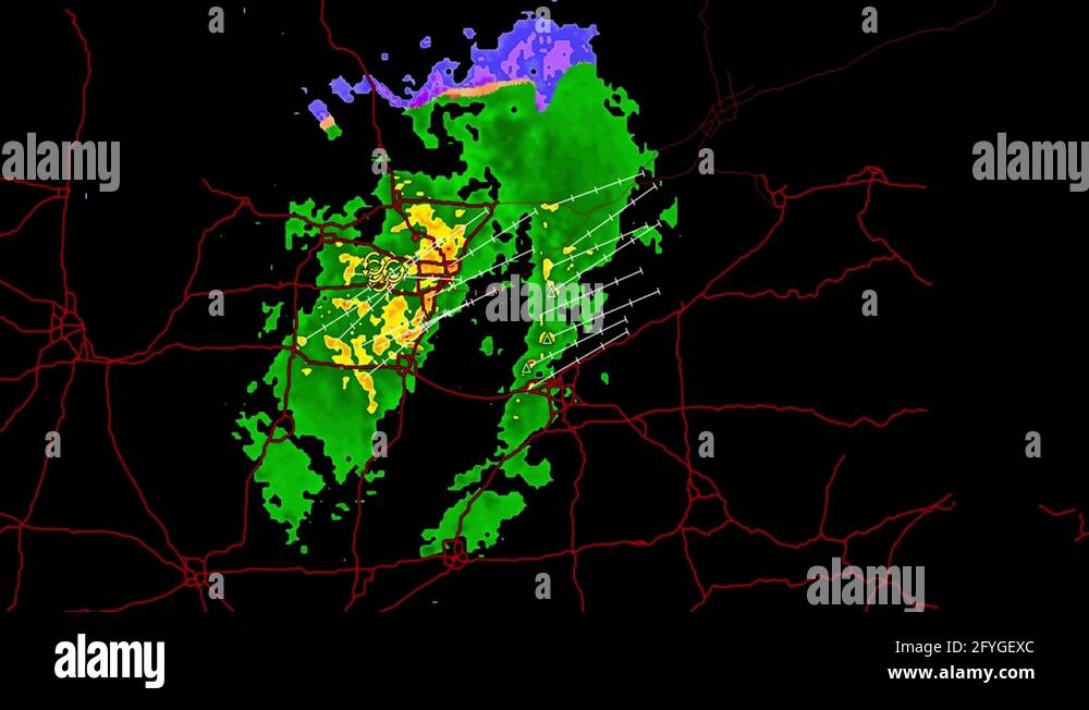 Weather radar screen showing severe thunder storms moving across the US
