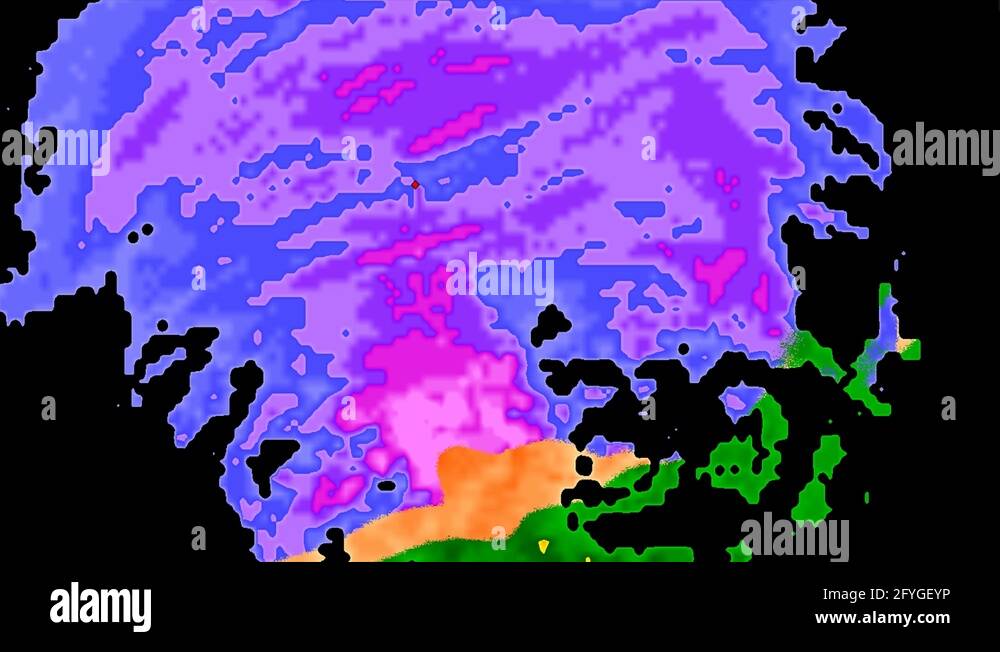 Weather radar screen showing severe thunder storms moving across the US