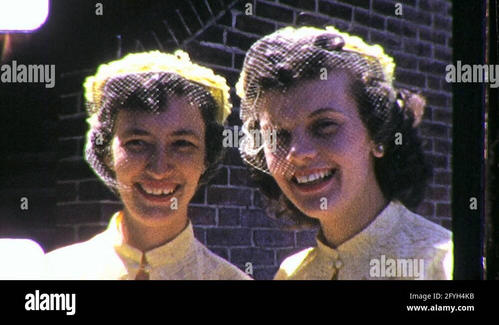 Women Bridesmaid Sisters Twins Wedding Hats 50s Vintage Film Home Movie 