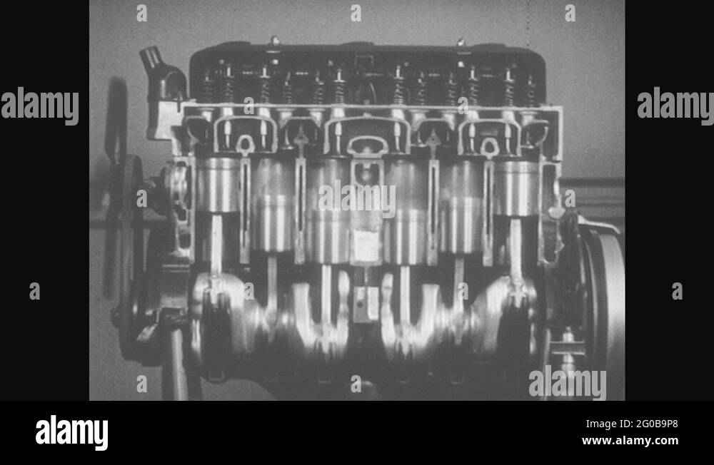 1930s Cross section of engine shows movement of rods, pistons, valves, wheel Stock Video