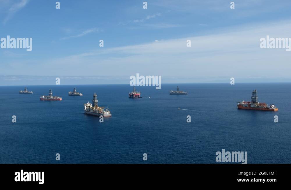offshore drilling ships , drilling platform and shipyard aerial Stock