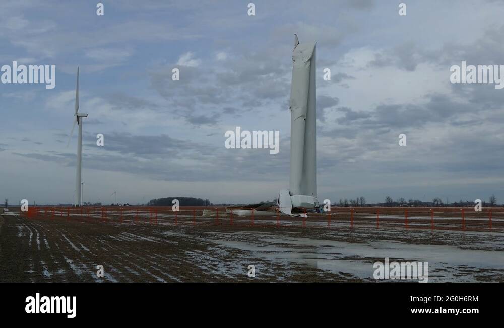 Wind energy farm turbine destroyed and collapsed from structural