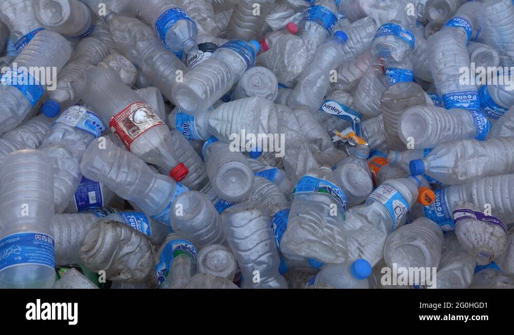 Empty plastic water bottles in recycling pile in Pokhara, Nepal Stock