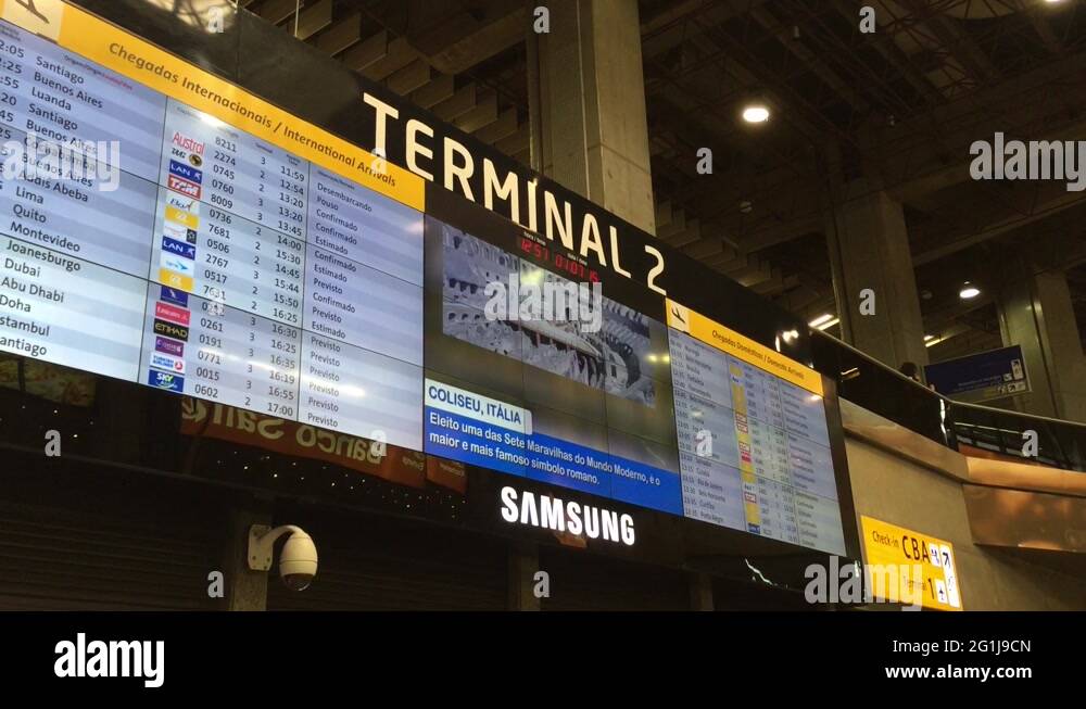 Terminal 2 painel in Gru Airport lounge in Sao Paulo, Brazil Stock