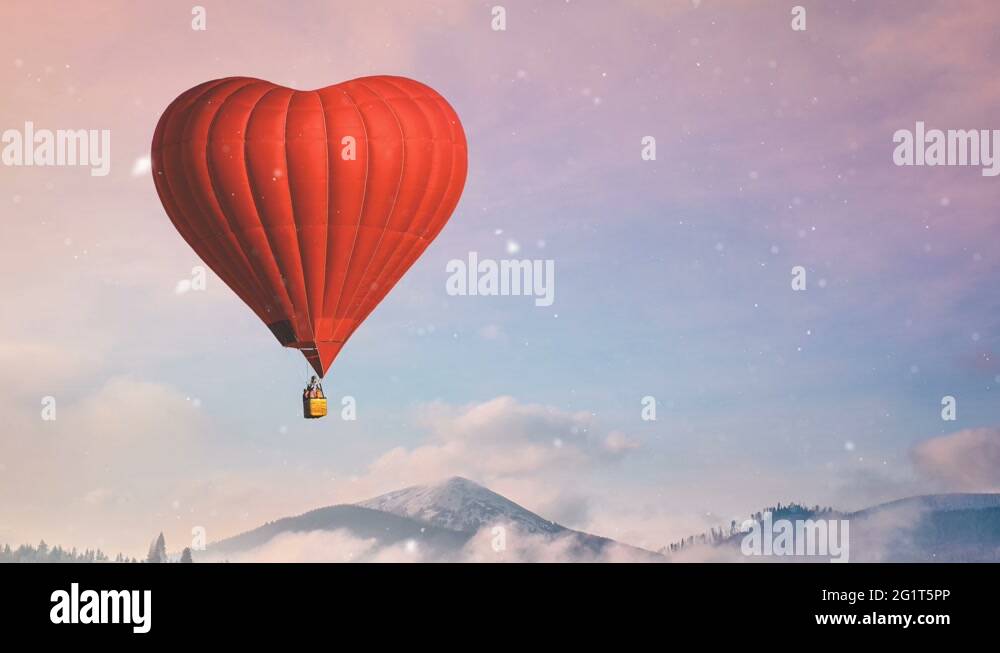 Red hot air balloon heart shape fly in blue and pink pastel sky Stock ...