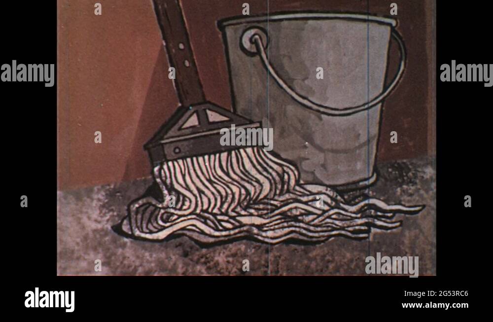 1960s Animation of mop picking up bacteria / Bacteria grows on mop