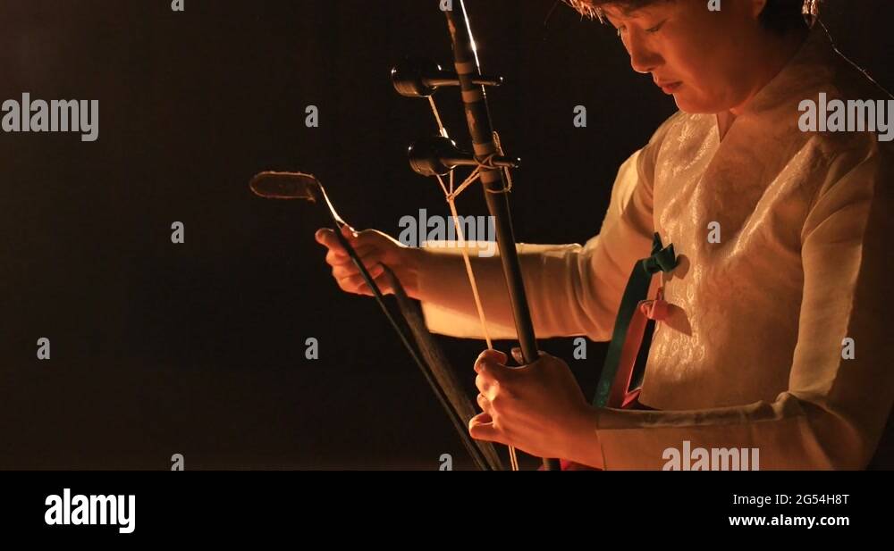 Korean female musician playing the Haegeum, Korean traditional string