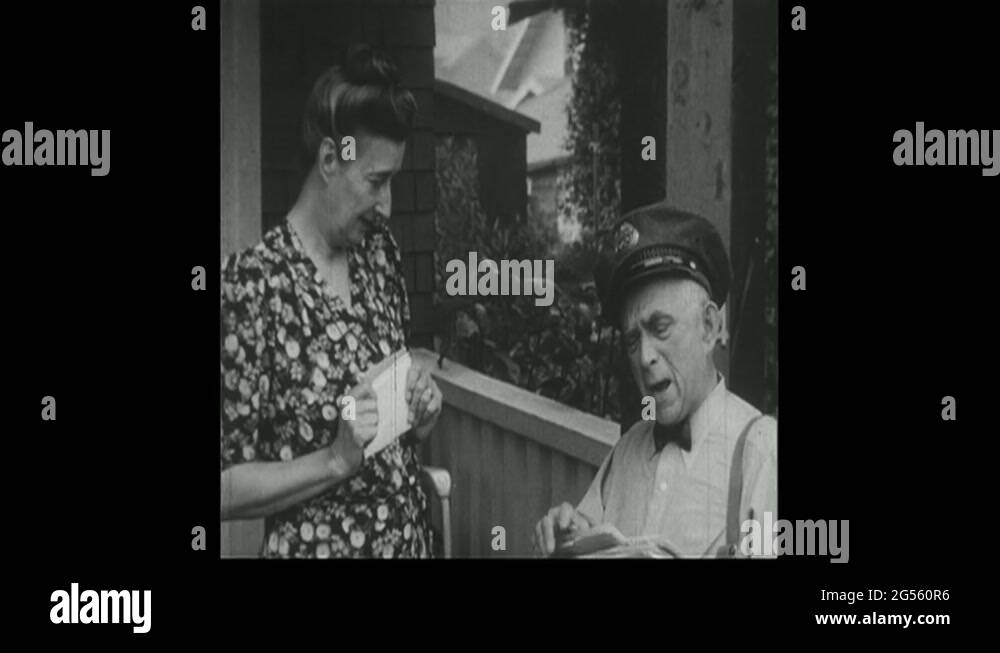 Lady Chats with Postman on Steps to her Home. Postman and Boy Leave ...