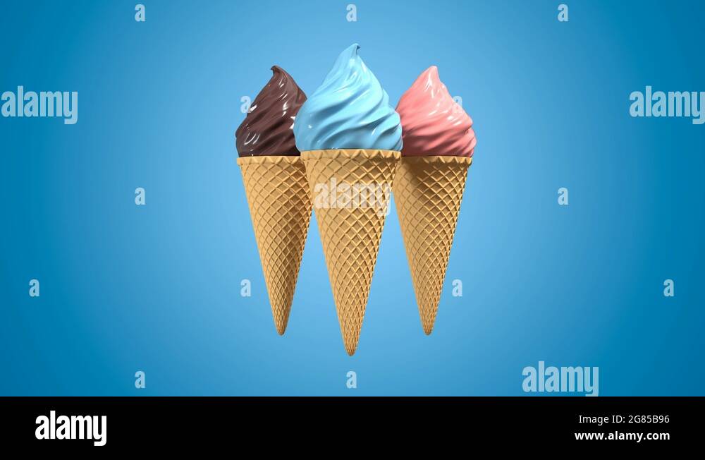 3D realistic ice cream with waffel cone rotating on pastel background