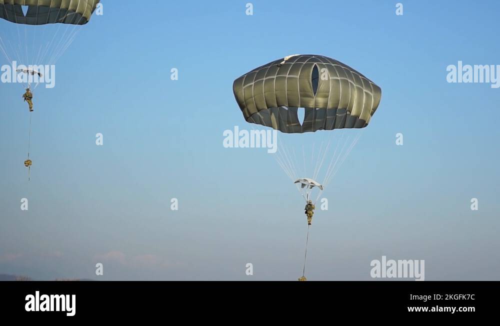U.S. Army paratroopers landing in Italy during airborne operation Stock