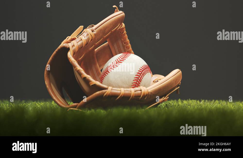 Vintage leather baseball glove with a ball lying down in a stadium