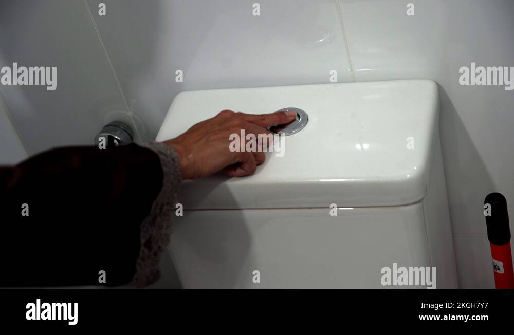 Female press on dual button toilet flushing. ,Flush toilet, toilet