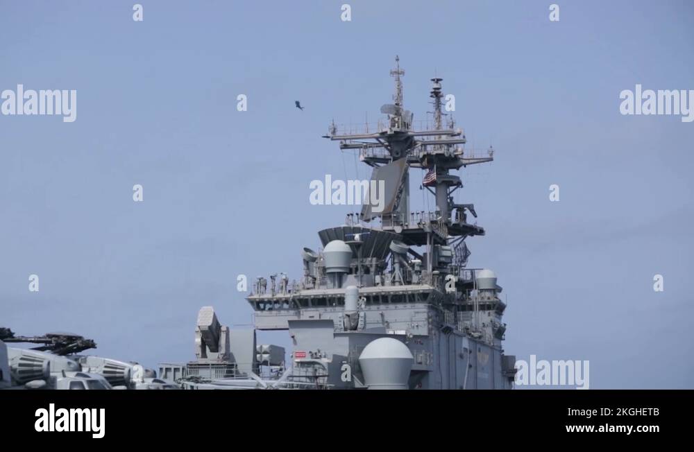 F-35B Lightning II flying past aircraft carrier control tower Stock ...