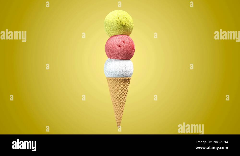 3D ice cream balls with waffle cone rotating on differents pastel