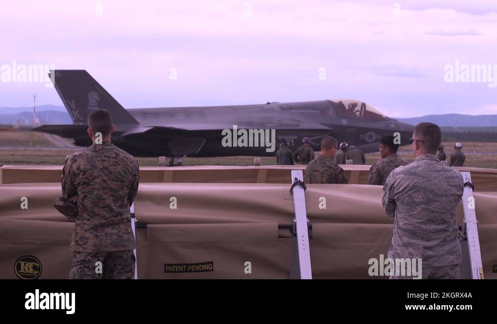 F35B Lightning receiving fuel at Fort Greely, Alaska during Northern Edge Stock Video Footage