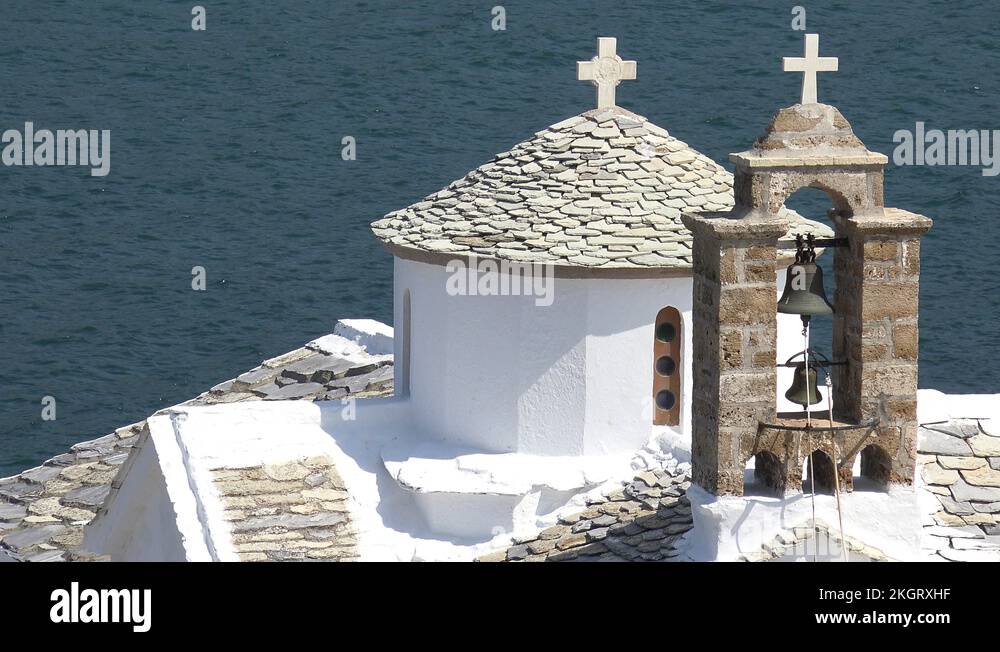 4K Amazing Skopelos monastery building rooftop iconic view church bells ...