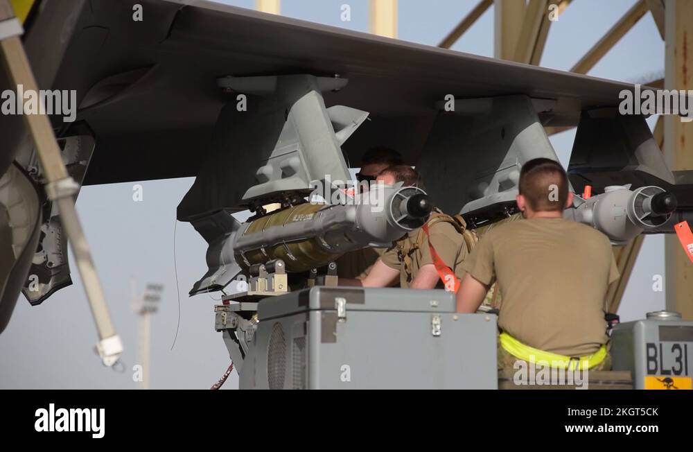 Airmen loading ordnance onto F35A Lightning II at Al Dhafra Air Base