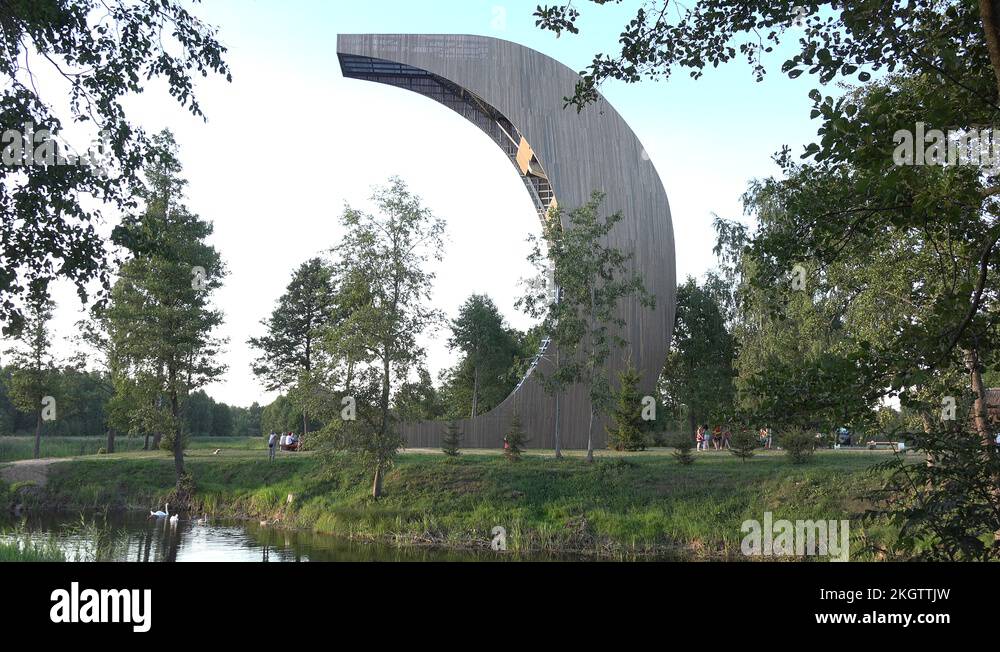 Tourist people visit famous observation tower. lakes and forest in