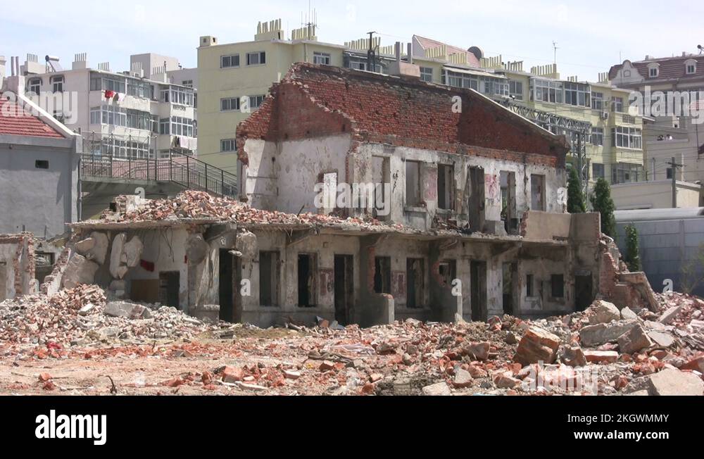Demolition site in China next to the railway tracks Stock Video Footage