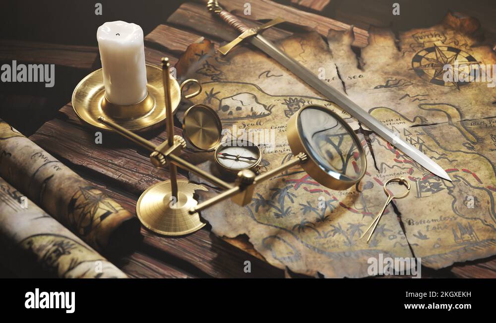 Treasure map with treasure spot marked by x sign seen through a