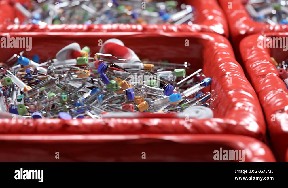 Medical waste in trash cans. Red bin liner. Hospital garbage. Gauze and