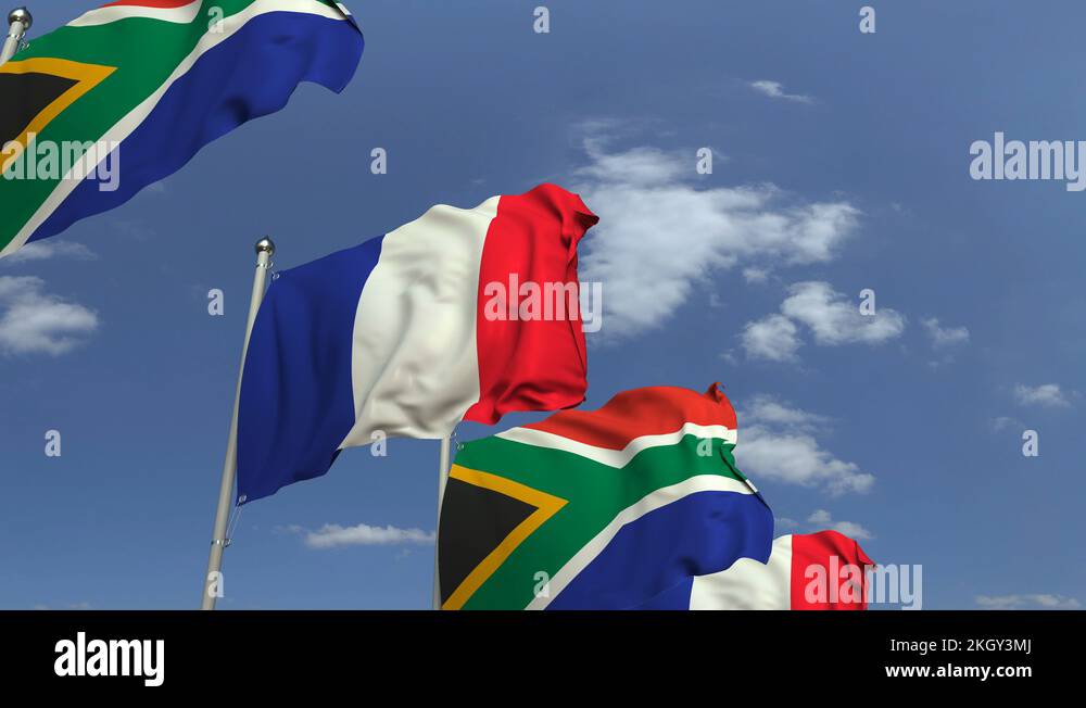 Row of waving flags of South Africa and France, loopable 3D animation ...