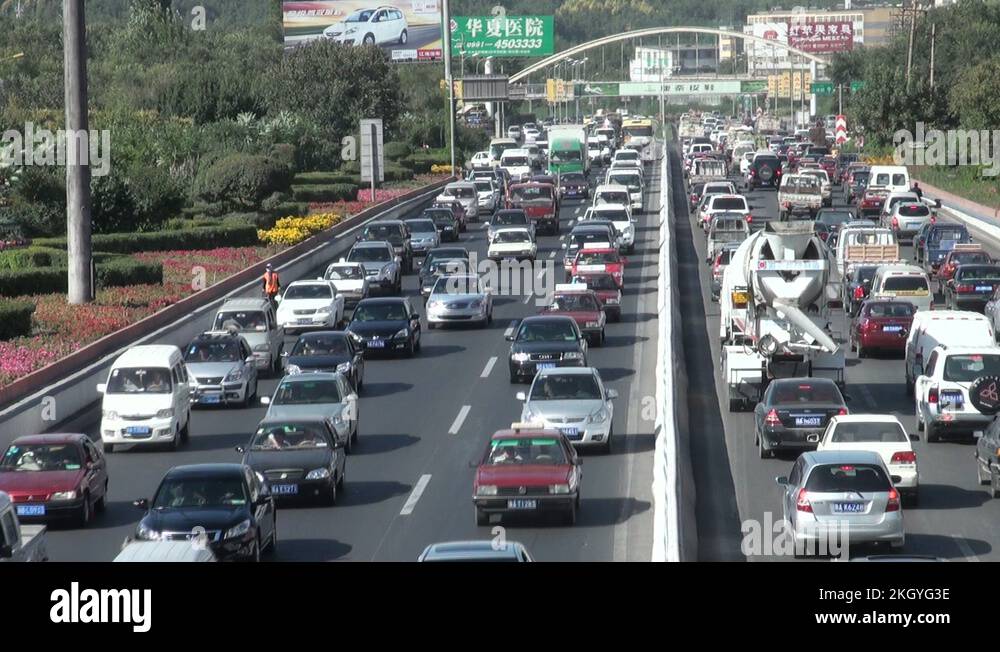 Massive traffic jam in Chinese city, transportation in China Stock
