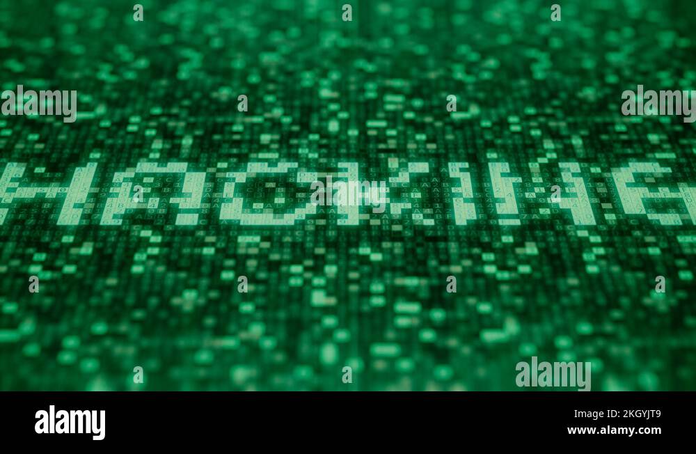 Flashing symbols on a green computer screen compose HACKING word