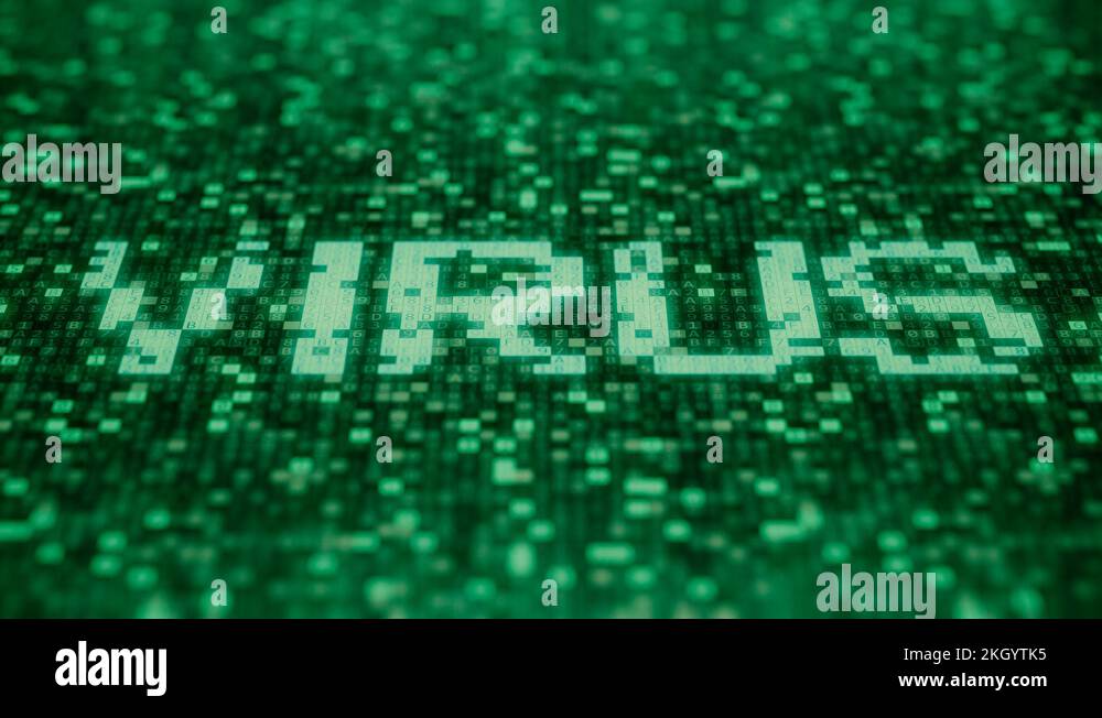 Flashing symbols on a green computer screen compose VIRUS word